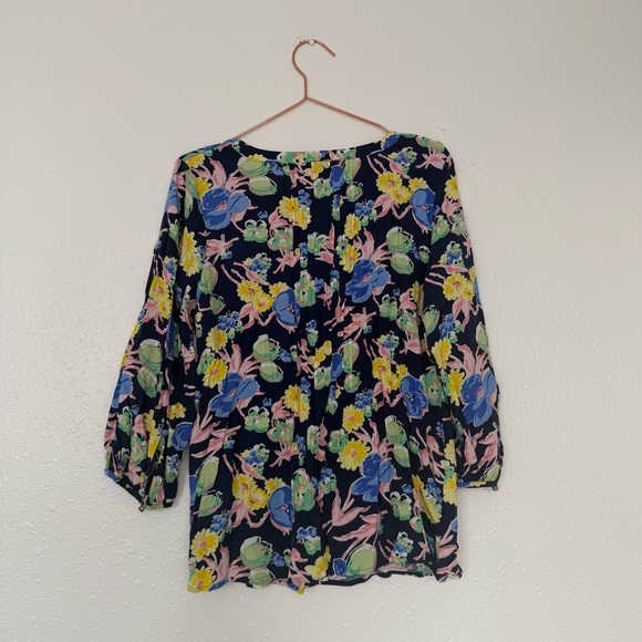 Talbots Navy Blouse with Colorful Floral Design split neck pleated - Picture 5 of 7